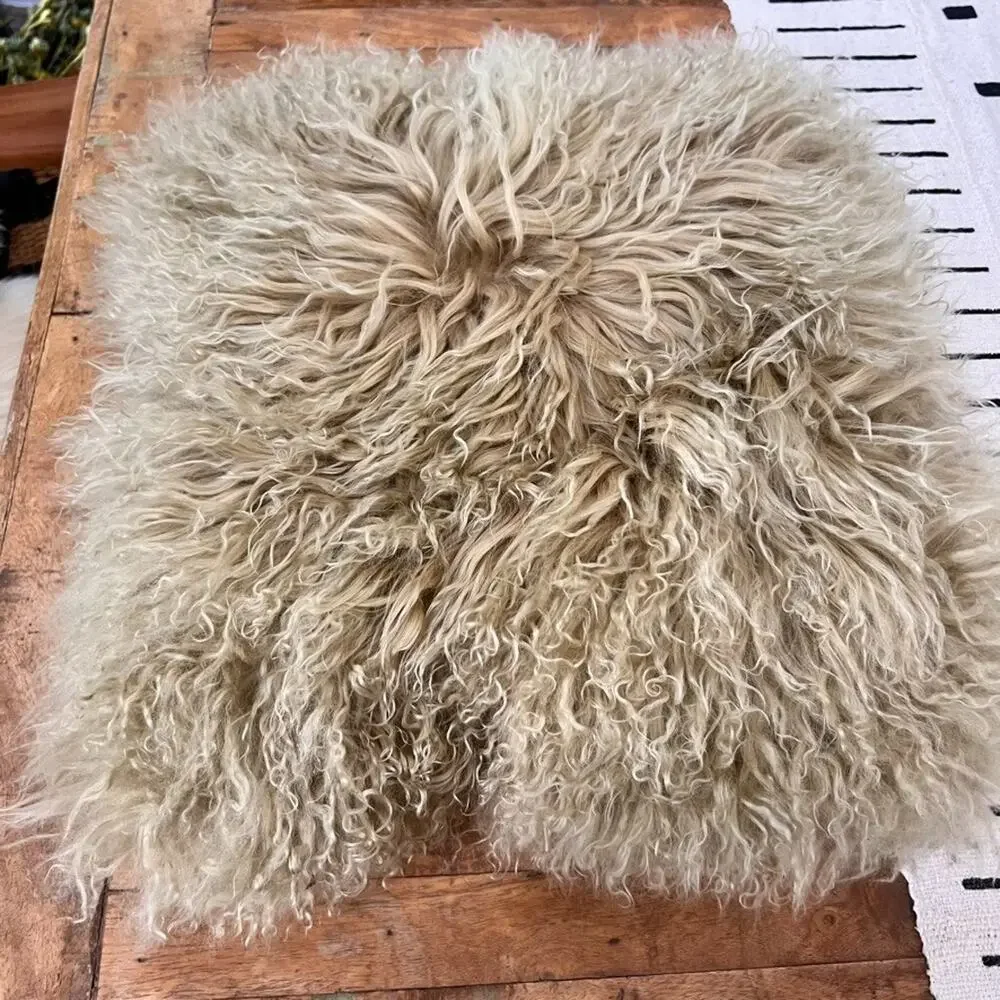 West Elm Pillow Sheep Fur 16” X 16” Cream Tan White Duck Feathers & Down Fill